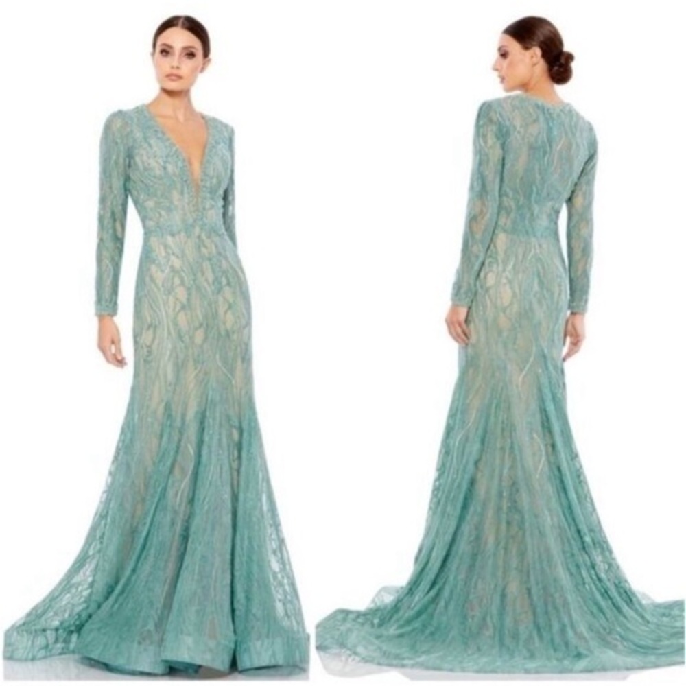 Mac Duggal 79291 Mermaid Plunge Illusion Gown in Sage Green 10